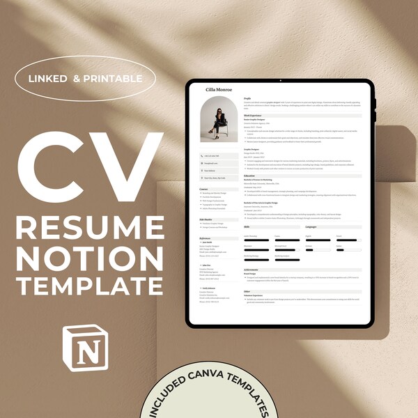 Notion cv template, Resume template, Canva template, Digital downloads, Printable, Notion templates,