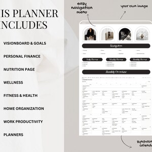 May include: A digital planner with a black and white design. The planner includes a vision board, personal finance, nutrition, wellness, fitness, home organization, work productivity, and daily, weekly, and monthly planners. The planner also includes a synchronized calendar.