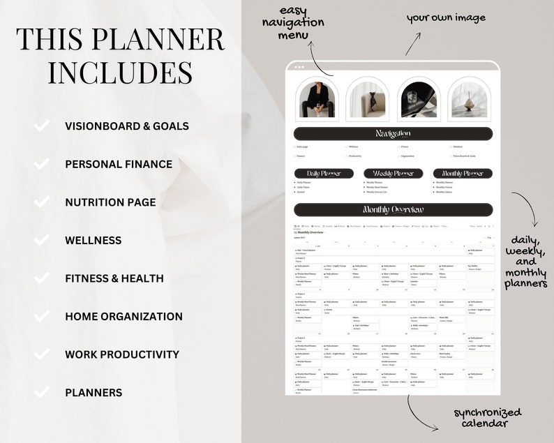May include: A digital planner with a black and white design. The planner includes a vision board, personal finance, nutrition, wellness, fitness, home organization, work productivity, and daily, weekly, and monthly planners. The planner also includes a synchronized calendar.
