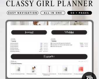 Può includere: Uno screenshot di un modello Notion per un planner Classy Girl. Il modello include sezioni per un diario, una lista dei desideri e prodotti preferiti. La sezione del diario ha una vista elenco con riflessioni giornaliere e settimanali. La sezione della lista dei desideri ha un elenco di prodotti con prezzi. La sezione dei prodotti preferiti ha una vista galleria di prodotti con immagini e descrizioni.