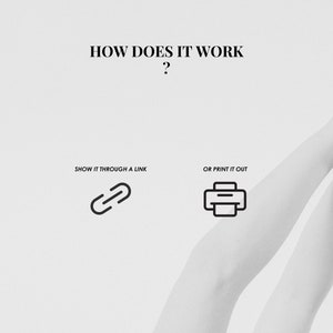 K&ouml;nnte beinhalten: Minimalistische Grafik mit der Frage &bdquo;WIE FUNKTIONIERT ES?&ldquo; und zwei Optionen: &bdquo;&Uuml;BER EINEN LINK ANZEIGEN&ldquo; mit einem Kettenglied-Symbol und &bdquo;ODER AUSDRUCKEN&ldquo; mit einem Druckersymbol. Der Hintergrund ist wei&szlig;.