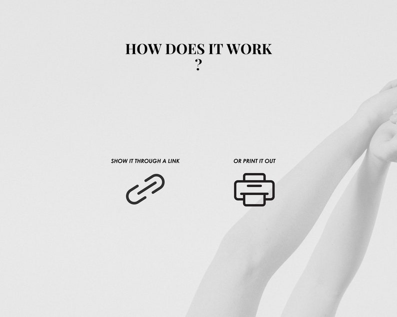 K&ouml;nnte beinhalten: Minimalistische Grafik mit der Frage &bdquo;WIE FUNKTIONIERT ES?&ldquo; und zwei Optionen: &bdquo;&Uuml;BER EINEN LINK ANZEIGEN&ldquo; mit einem Kettenglied-Symbol und &bdquo;ODER AUSDRUCKEN&ldquo; mit einem Druckersymbol. Der Hintergrund ist wei&szlig;.
