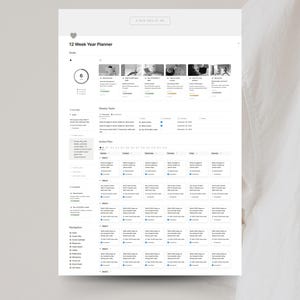 May include: A 12-week year planner with a progress bar showing 6 weeks completed. The planner includes sections for weekly tasks, action plan, and integration. The action plan section has a grid with columns for each day of the week and rows for different tasks.