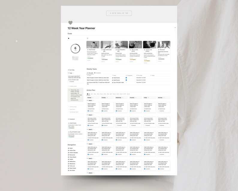 May include: A 12-week year planner with a progress bar showing 6 weeks completed. The planner includes sections for weekly tasks, action plan, and integration. The action plan section has a grid with columns for each day of the week and rows for different tasks.