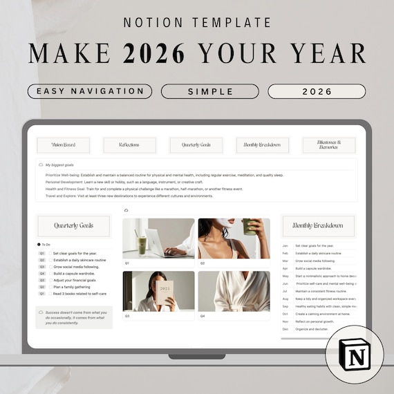 2026 Goal & Vision Board Notion Template for Monthly and Yearly Goal Setting Planner 2026 Notion Goal Planner Template Life Vision Planner