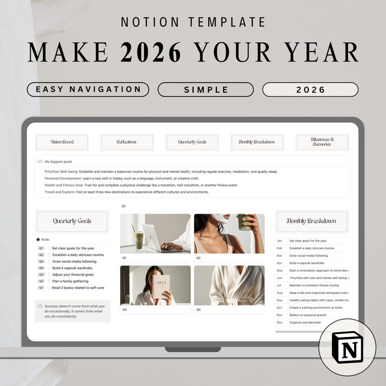 2026 Goal & Vision Board Notion Template for Monthly and Yearly Goal Setting Planner 2026 Notion Goal Planner Template Life Vision Planner image 1
