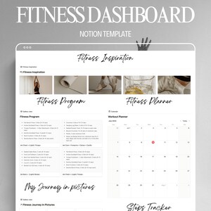 Könnte beinhalten: Eine Notion-Vorlage für ein Fitness-Dashboard mit Abschnitten für Fitness-Inspiration, ein Fitnessprogramm, einen Trainingsplaner und einen Schrittzähler. Die Vorlage enthält einen Kalender zur Verfolgung von Trainingseinheiten und eine Galerieansicht für Fitness-Inspiration.