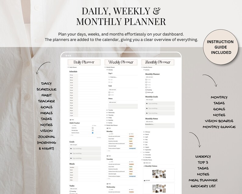 May include: A digital planner with a white background and gray text. The planner includes sections for daily, weekly, and monthly planning. The text on the planner says "Daily, Weekly & Monthly Planner".