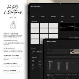 May include: A black and white digital screen displaying a habit tracker app with sections for wellness, nutrition, manifestation, body, and home. The app includes a yearly habit tracker, a period tracker, and a sleep tracker. The app also includes sections for morning and evening routines, hair routines, skin care routines, and yearly routines.