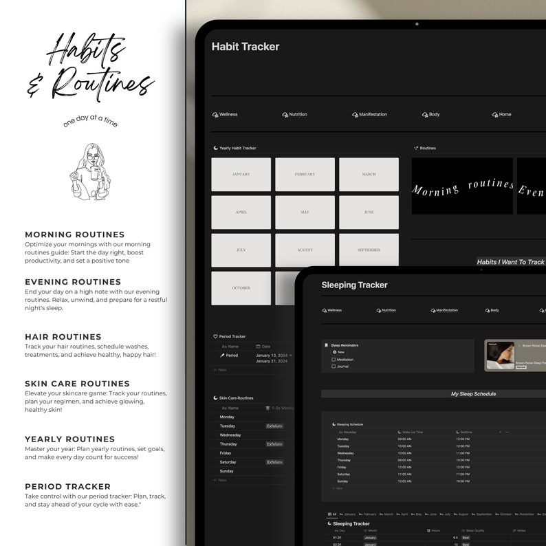 May include: A black and white digital screen displaying a habit tracker app with sections for wellness, nutrition, manifestation, body, and home. The app includes a yearly habit tracker, a period tracker, and a sleep tracker. The app also includes sections for morning and evening routines, hair routines, skin care routines, and yearly routines.