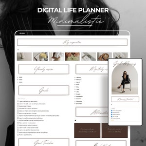 Könnte beinhalten: Ein digitaler Lebensplaner im minimalistischen Design. Der Planer enthält Abschnitte für die jährliche Vision, Ziele, die monatliche Vision, Affirmationen und eine Morgen-Checkliste. Der Planer wird auf einem Computerbildschirm angezeigt, auf dem ein Foto einer Frau in einem schwarz-weißen Outfit zu sehen ist.