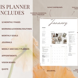 May include: A digital planner with a calendar for January, a goals dashboard, a vision board, a journal, and a quote section. The planner includes 12 monthly pages, morning and evening routines, monthly goals, journals, weekly and daily planners, appointments, a vision board, and a quote.