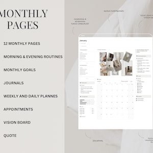 Puede incluir: Una interfaz de planificador digital con el texto "MONTHLY PAGES" y funciones como "12 MONTHLY PAGES", "MORNING & EVENING ROUTINES" y "MONTHLY GOALS". La interfaz incluye un calendario, un diario y un tablero de visi&oacute;n.