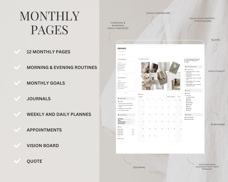 Puede incluir: Una interfaz de planificador digital con el texto "MONTHLY PAGES" y funciones como "12 MONTHLY PAGES", "MORNING & EVENING ROUTINES" y "MONTHLY GOALS". La interfaz incluye un calendario, un diario y un tablero de visi&oacute;n.