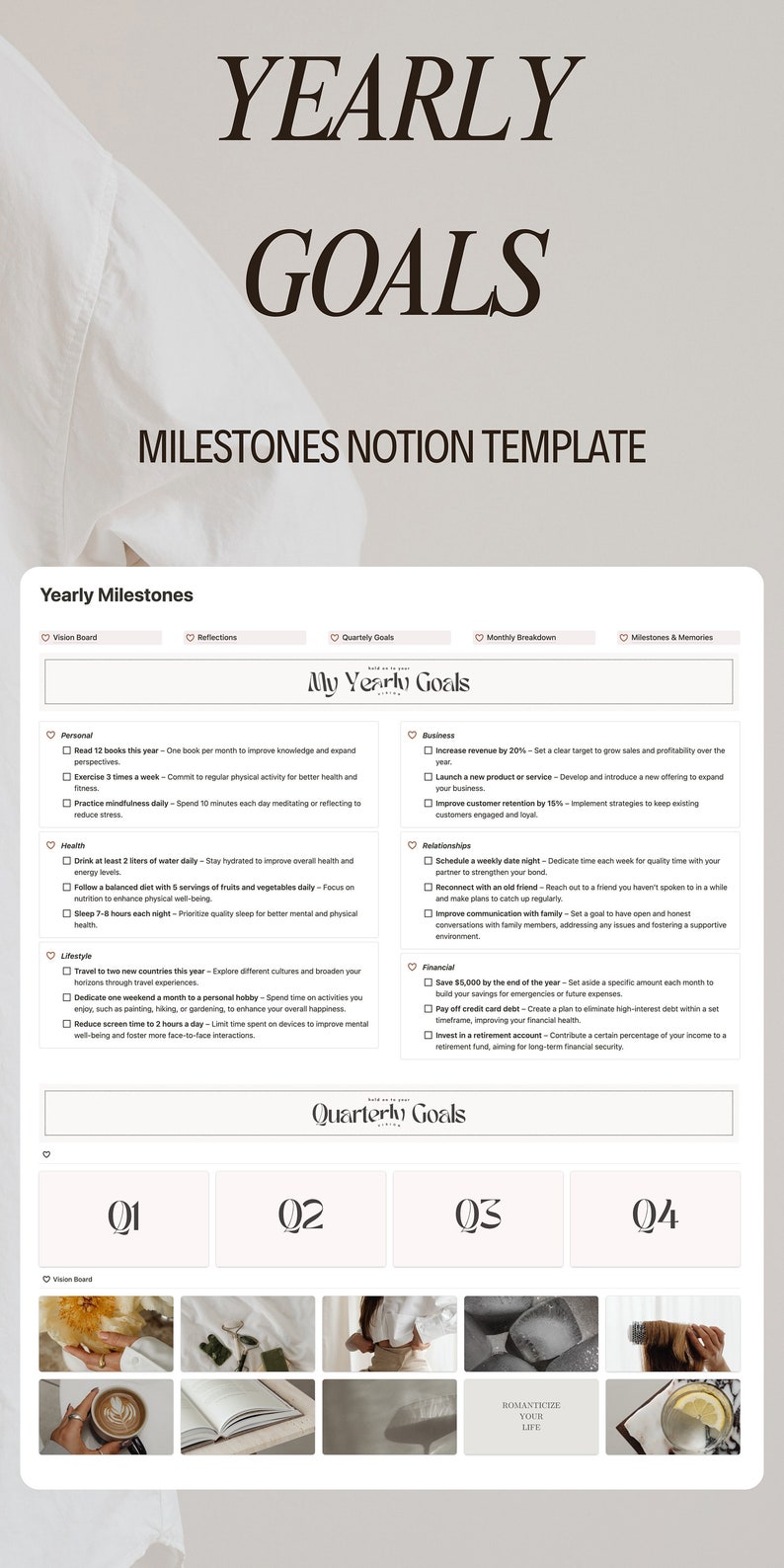 vision board and goal tracker template for reflection