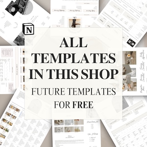 May include: A collage of images showcasing various printable templates for planning, journaling, and organisation. The text "ALL TEMPLATES IN THIS SHOP FUTURE TEMPLATES FOR FREE" is displayed in a large, bold font.