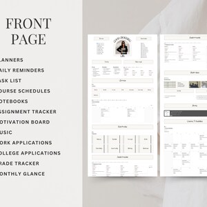 May include: A printable planner with a black and white design. The planner includes sections for daily reminders, task lists, course schedules, notebooks, assignment trackers, motivation boards, music, work applications, college applications, grade trackers, and a monthly glance.