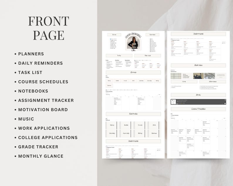 May include: A printable planner with a black and white design. The planner includes sections for daily reminders, task lists, course schedules, notebooks, assignment trackers, motivation boards, music, work applications, college applications, grade trackers, and a monthly glance.