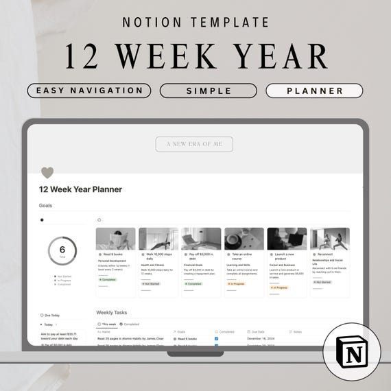12 Week Year Planner Notion Template Goal Setting Planner 2026 Vision Board Goals Personal Growth SMART Goal Setting Template Habit Tracker