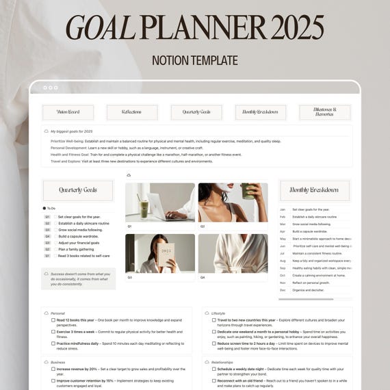 Digital Goal Planner 2026 Aesthetic Notion Template for Goal Setting Vision Board & Monthly Goals Tracker Personal Growth Planner Reflection