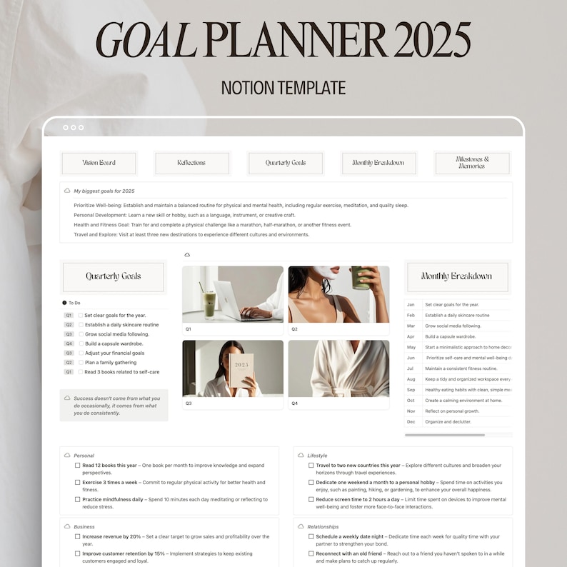 Digital Goal Planner 2025 Aesthetic Notion Template for Goal Setting