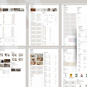 May include: A set of printable digital planner pages for organizing your life. The pages include sections for finances, fitness, wellness, productivity, vision boards, nutrition, and organization. The pages are designed in a minimalist style with a neutral color palette.