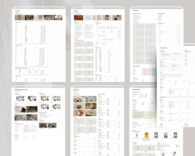 May include: A set of printable digital planner pages for organizing your life. The pages include sections for finances, fitness, wellness, productivity, vision boards, nutrition, and organization. The pages are designed in a minimalist style with a neutral color palette.