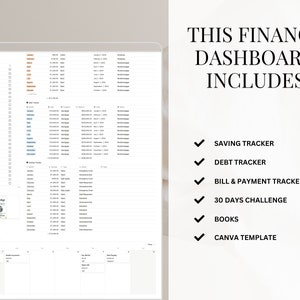 May include: A computer screen displaying a digital finance dashboard with sections for saving, debt, bills, and a 30-day challenge. The text "THIS FINANCE DASHBOARD INCLUDES" is displayed above a list of features: "SAVING TRACKER", "DEBT TRACKER", "BILL & PAYMENT TRACKER", "30 DAYS CHALLENGE", "BOOKS", and "CANVA TEMPLATE".