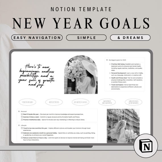 New year goal planner notion goal setting template notion quarterly planning template aesthetic vision board 2026 new year's resolutions