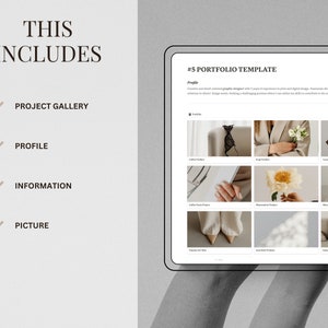 K&ouml;nnte beinhalten: Ein Tablet zeigt eine Portfolio-Vorlage mit dem Text "#5 Portfolio Template". Der Bildschirm zeigt eine Projektgalerie, ein Profil, Informationen und Bildabschnitte. Das Tablet wird von einer Person gehalten.