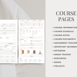 May include: Printable course planner pages with headings for Course Information, Course Schedule, Course Notes, Course Documents, Assignment Tracker, Important Information, Notebook, Grade Tracker, Resources, Books, and Projects.