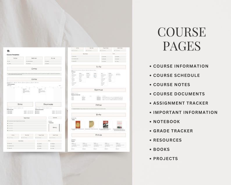 May include: Printable course planner pages with headings for Course Information, Course Schedule, Course Notes, Course Documents, Assignment Tracker, Important Information, Notebook, Grade Tracker, Resources, Books, and Projects.