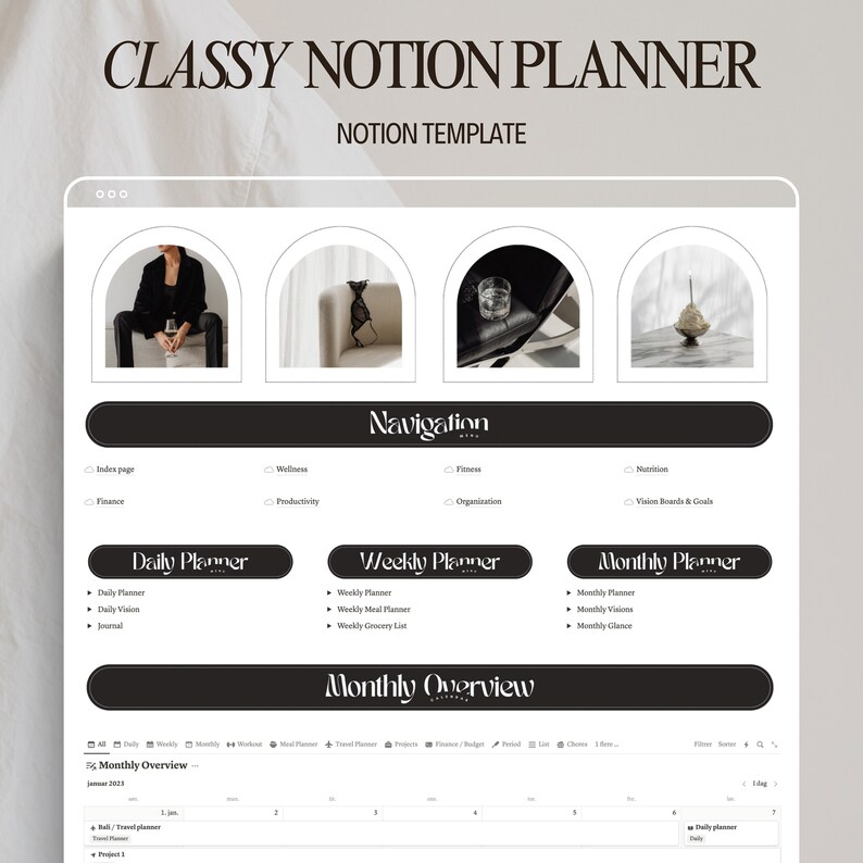 Black & white life planner notion template life dashboard for digital planning on ipad