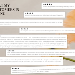 May include: A collage of customer reviews for a digital planner. The reviews are positive and highlight the planner's ease of use, organization, and aesthetic appeal. The text includes phrases like "super easy to use", "most definitely the most organized", "aesthetic place", and "super helpful".