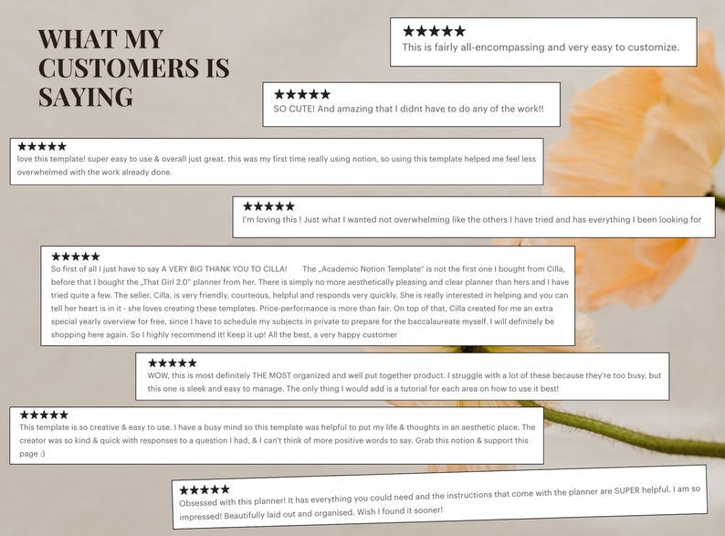 May include: A collage of customer reviews for a digital planner. The reviews are positive and highlight the planner's ease of use, organization, and aesthetic appeal. The text includes phrases like "super easy to use", "most definitely the most organized", "aesthetic place", and "super helpful".