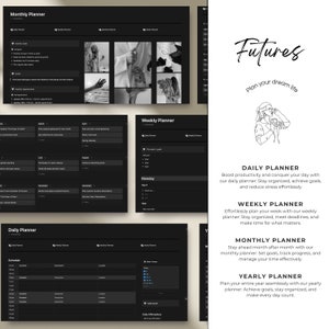 May include: A black and white digital planner with the text "Futures: Plan your dream life" at the top. The planner includes sections for daily, weekly, monthly, and yearly planning.