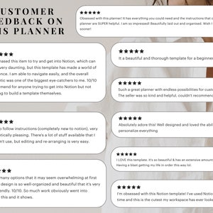 May include: Customer feedback on a Notion planner template. Reviews highlight the template's ease of use, customization options, and overall aesthetic appeal.  The seller is praised for their helpfulness and kindness.