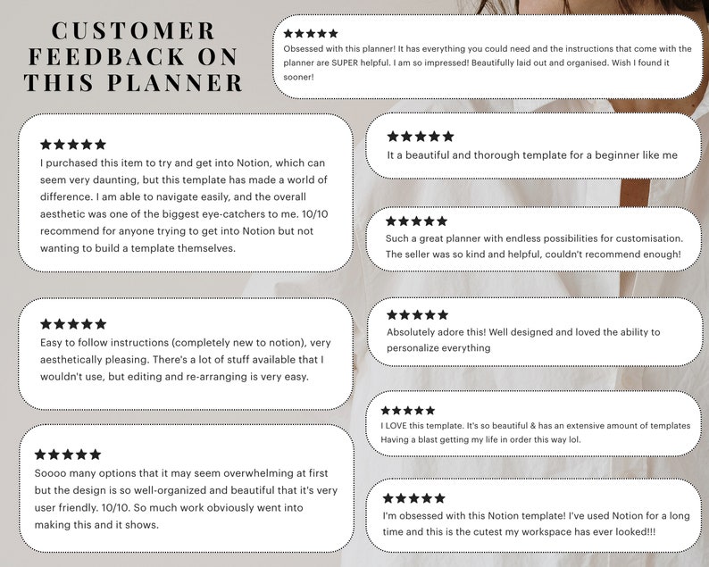 May include: Customer feedback on a Notion planner template. Reviews highlight the template's ease of use, customization options, and overall aesthetic appeal.  The seller is praised for their helpfulness and kindness.