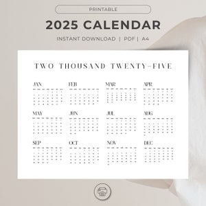 Printable 2025 landscape A4 calendar with Sunday start instant download 2025 yearly calendar in A4 format minimalist 2025 calendar printable