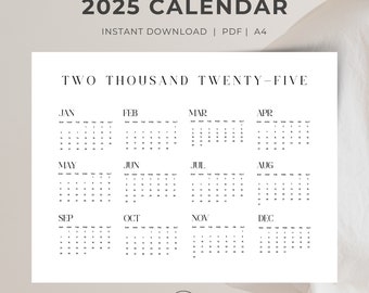 Printable 2025 landscape A4 calendar with Sunday start instant download 2025 yearly calendar in A4 format minimalist 2025 calendar printable