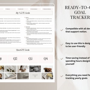 May include: A digital goal tracker template with a light pink background and a white border. The template is divided into sections for yearly goals, quarterly goals, and monthly breakdowns. The template is designed to be used with the note-taking app Notion. The text "READY-TO-GO GOAL TRACKER" is displayed in a large font at the top of the template.