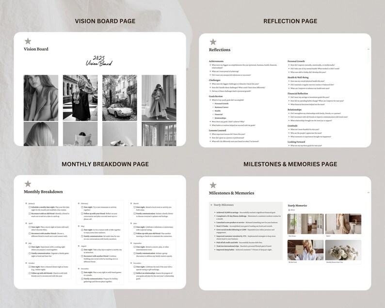 Puede incluir: Una plantilla de tablero de visi&oacute;n en blanco y negro con cuatro p&aacute;ginas. La primera p&aacute;gina se titula "Vision Board" y tiene un collage de im&aacute;genes. La segunda p&aacute;gina se titula "Reflexiones" y tiene una lista de preguntas para la autorreflexi&oacute;n. La tercera p&aacute;gina se titula "Desglose mensual" y tiene una lista de verificaci&oacute;n para cada mes del a&ntilde;o. La cuarta p&aacute;gina se titula "Hitos y recuerdos" y tiene una secci&oacute;n para hitos y una secci&oacute;n para recuerdos.