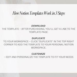 May include: A white background with black text explaining how to use Notion templates in three steps: download, duplicate, and customize.