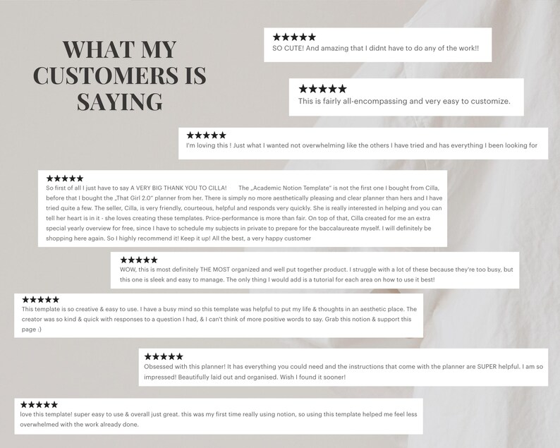 May include: A collage of customer reviews for a digital planner template. The reviews highlight the ease of use, organization, and aesthetic appeal of the planner. The text includes phrases like "SO CUTE!" and "This is fairly all-encompassing and very easy to customize."
