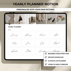 Könnte beinhalten: Der Bildschirm eines digitalen Tablets zeigt eine Vorlage für einen Jahresplaner mit weißem Hintergrund und schwarzem Text. Die Vorlage ist in zwölf Abschnitte unterteilt, einen für jeden Monat des Jahres. Die Monate sind mit handschriftlichem Text beschriftet. Der Text "YEARLY PLANNER NOTION" befindet sich oben auf dem Bildschirm. Unter dem Planer befinden sich vier Kontrollkästchen mit dem Text "REUSABLE YEAR AFTER YEAR", "INSTANT DOWNLOAD", "ULTIMATE LIFE PLANNER" und "YOURS TO ENJOY FOREVER!"