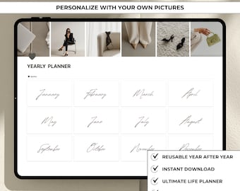Notion デイリージャーナルテンプレート 美しいデジタルプランナー 日付付き年間カレンダー インスピレーションアイデア付きのミニマルなパーソナライズされたビジョンボード