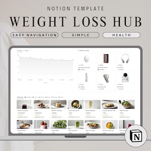 May include: A screenshot of a Notion template for a weight loss hub. The template includes a weight loss chart, a list of weight loss goals, and a collection of recipes. The template is designed to be easy to navigate and simple to use. The template is also designed to be health-focused.