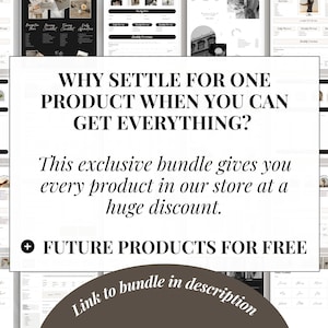 May include: A digital marketing graphic with the text "WHY SETTLE FOR ONE PRODUCT WHEN YOU CAN GET EVERYTHING?" and "This exclusive bundle gives you every product in our store at a huge discount. FUTURE PRODUCTS FOR FREE". The graphic is in black and white with a brown background.