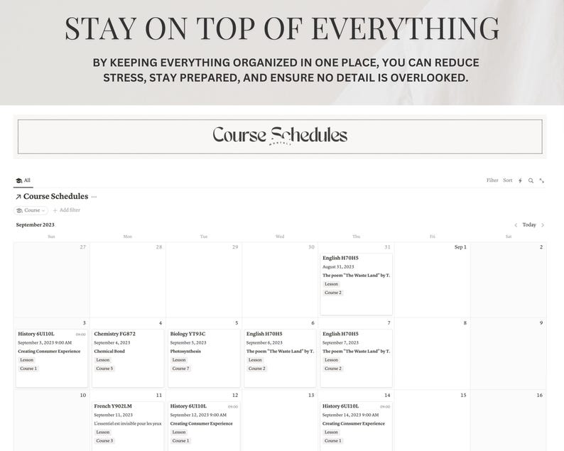 May include: A calendar view showing course schedules for September 2023. The calendar is divided into days of the week, with each day showing the name of the course, the date, and the course description. The courses include History, Chemistry, Biology, English, and French.