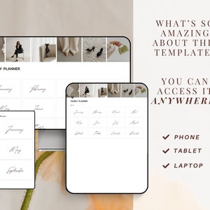 May include: A digital yearly planner with a white background and black text. The planner is displayed on a phone, tablet, and laptop. The text on the planner says "YEARLY PLANNER" and lists the months of the year. The text on the image says "WHAT'S SO AMAZING ABOUT THIS TEMPLATE? YOU CAN ACCESS IT ANYWHERE! PHONE TABLET LAPTOP"